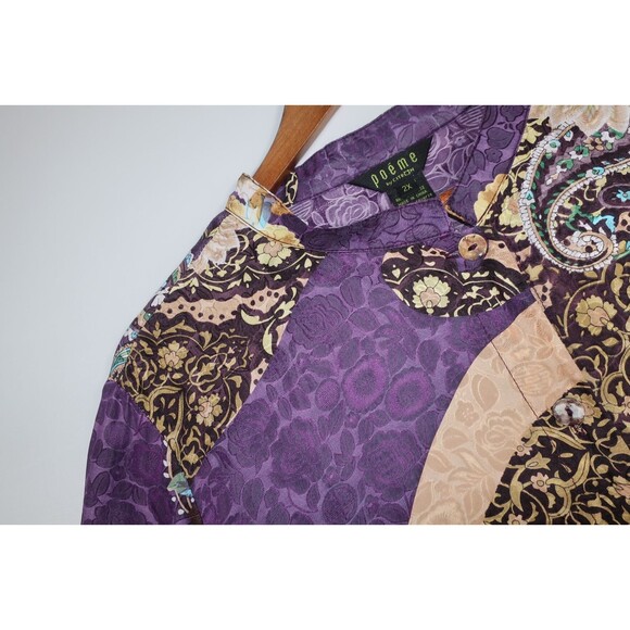Poeme Citron Silk Blend Tunic Top 2X Purple Paisley Floral Asian Art To Wear - Picture 6 of 9